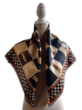 Silk Chess Print Square Scarf in Black and Beige